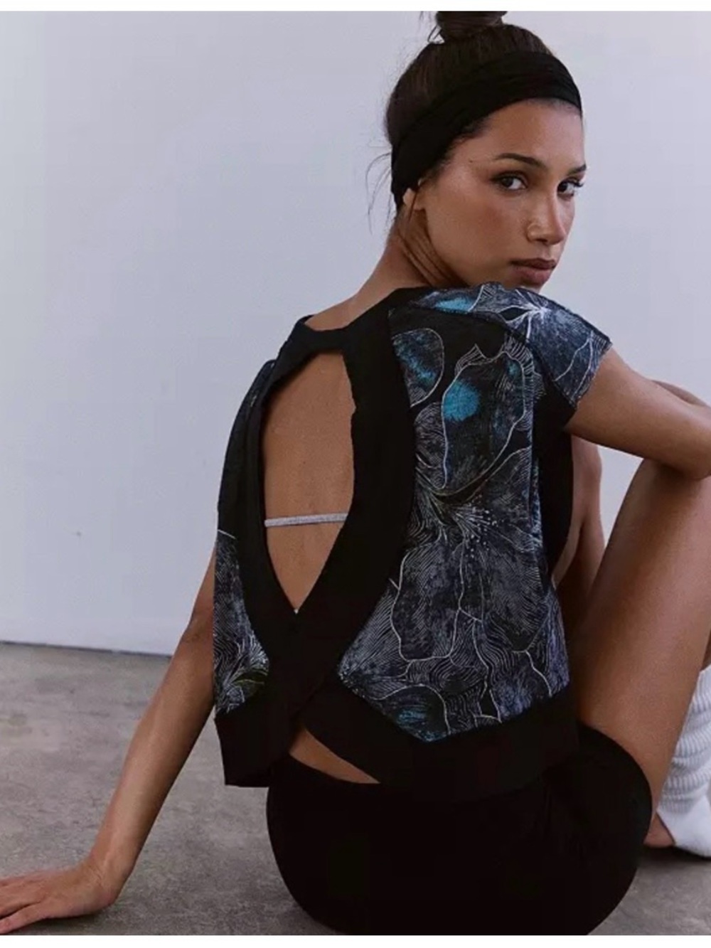 NEW FP Movement My Time Tee Midnight Floral Black Back Cutout Cropped Shirt